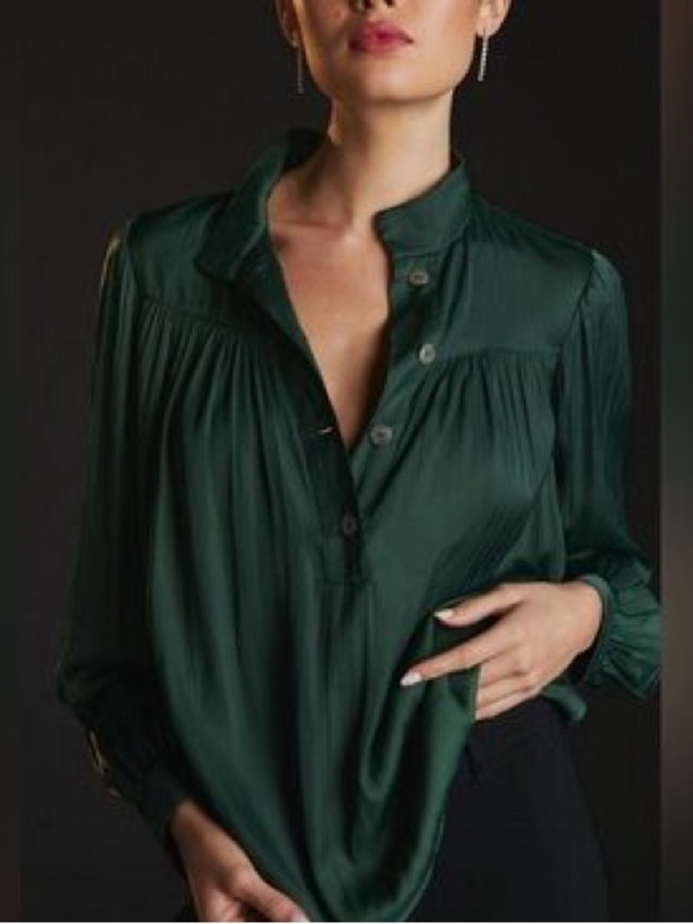 Anthropologie - Forest Green Half Button Long Sleeve Soft Blouse Size Small
